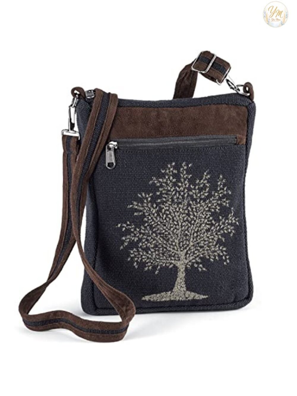 Tree of Life Canvas Crossbody Bag with Pockets, Adjustable Strap